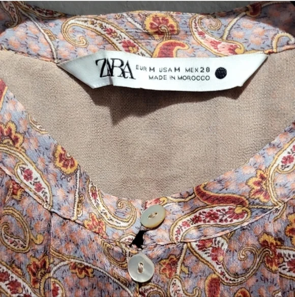 Zara Sheer Paisley Blouse Medium Boho Balloon Sleeve Button Front Top - Picture 7 of 10